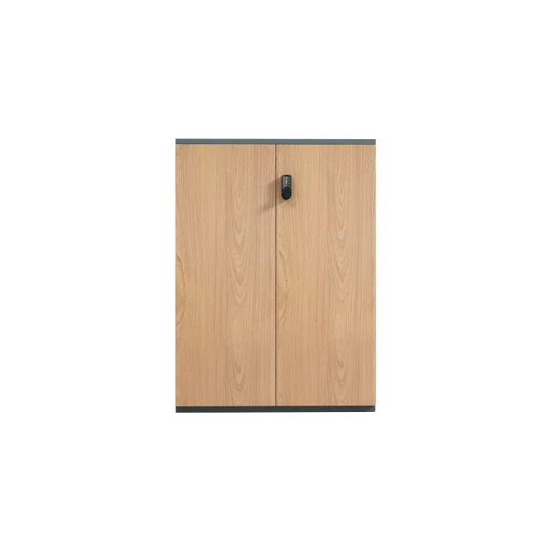Archivador bajo de acero de 750mm con dos puertas, transferencia de veta de madera y cerradura electrónica.