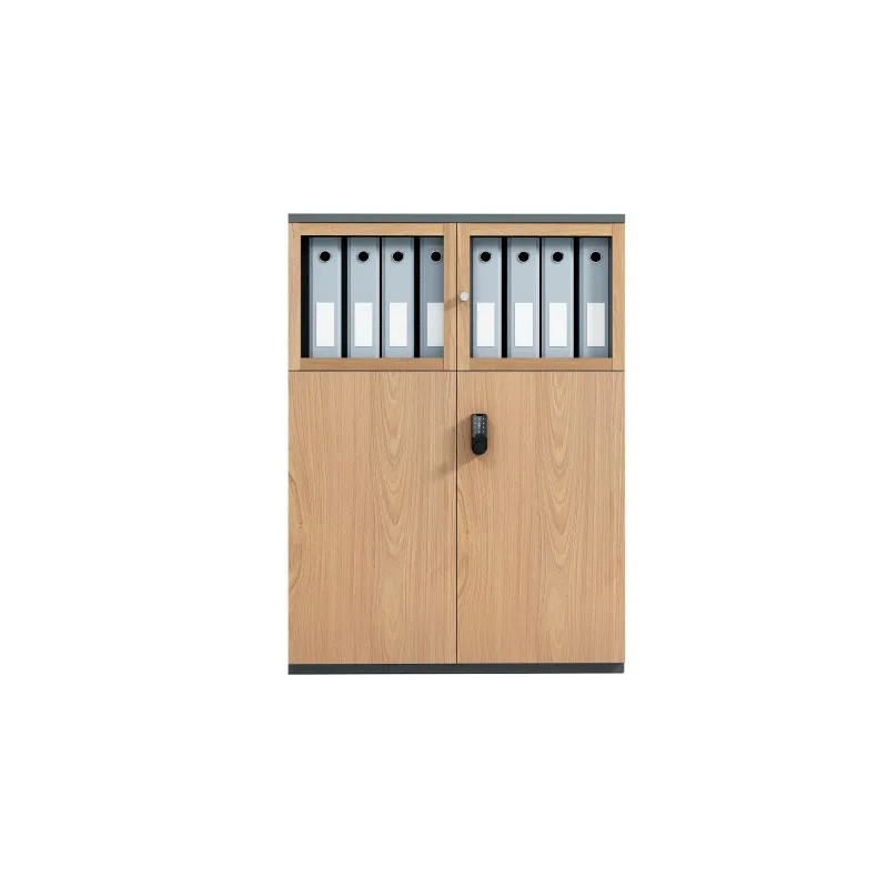 Archivador bajo de acero con transfer de veta de madera de cuatro puertas, vidrio superior y metal inferior con cerradura de contraseña.