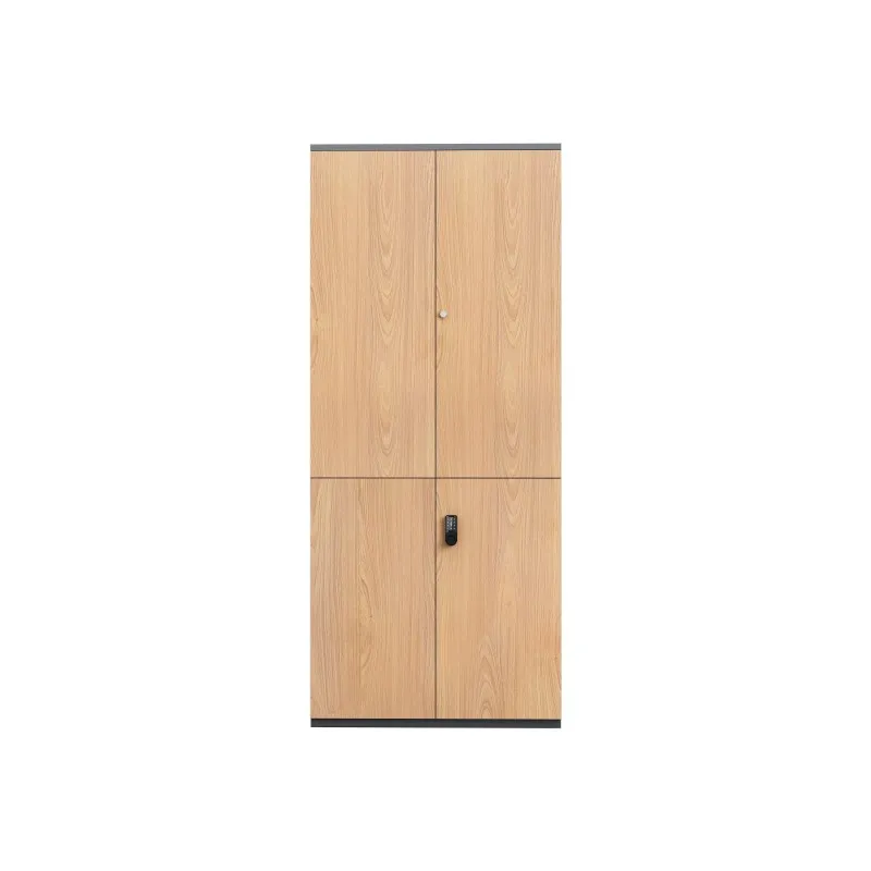 Armario de acero con transferencia de veta de madera, cuatro puertas, dos secciones de tamaño desigual y cerradura de contraseña.