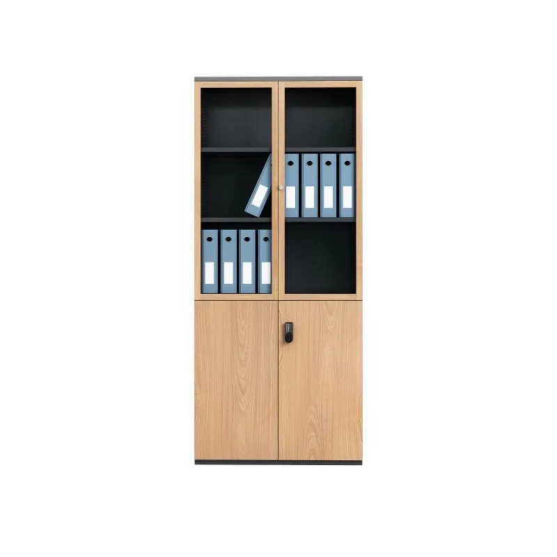 Armario expositor grande de acero con transferencia de veta de madera, cuatro puertas, parte superior de vidrio e inferior de metal, con cerradura de contraseña.