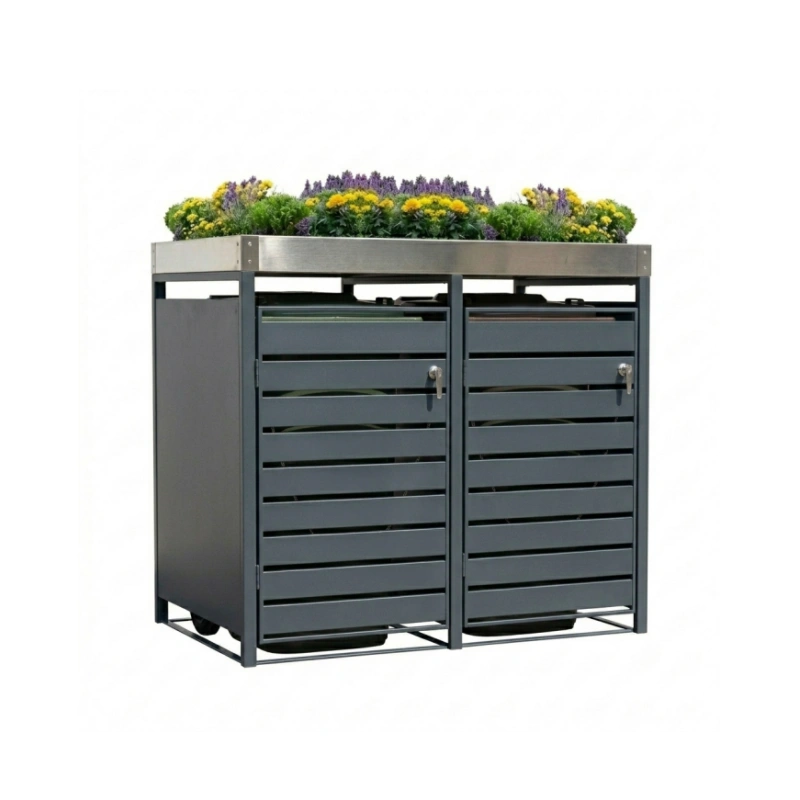 Armario de acero de doble puerta para basura con tapa plantable y cerradura