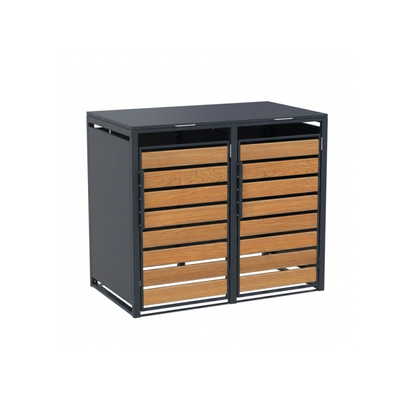 Recinto de acero de doble puerta para cubo de basura con textura de madera natural