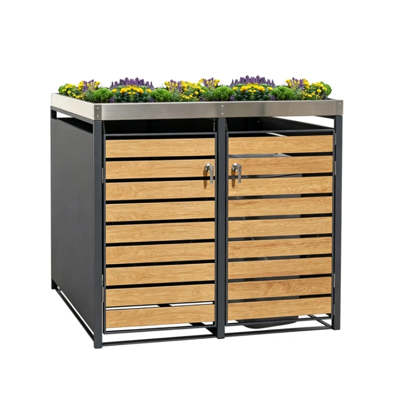 Recinto de acero para cubo de basura de doble puerta con textura de madera natural y tapa plantable con cerradura
