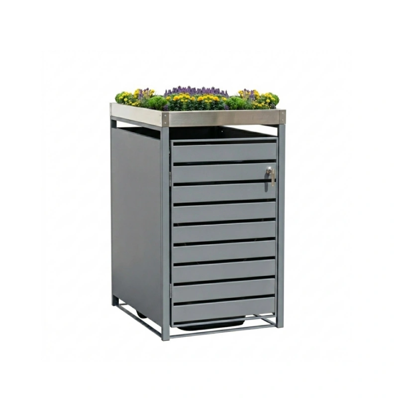 Cerramiento de acero para cubo de basura con techo jardinera y cerradura