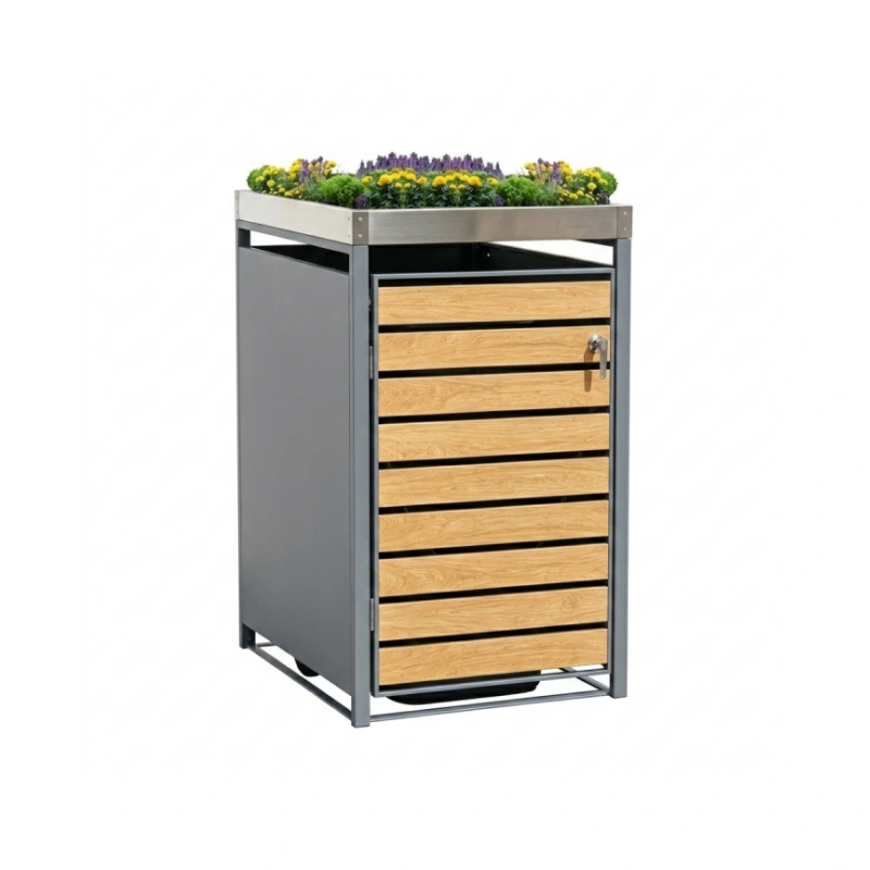 Recinto de acero para basurero de una puerta con textura de madera natural y tapa plantable con cerradura