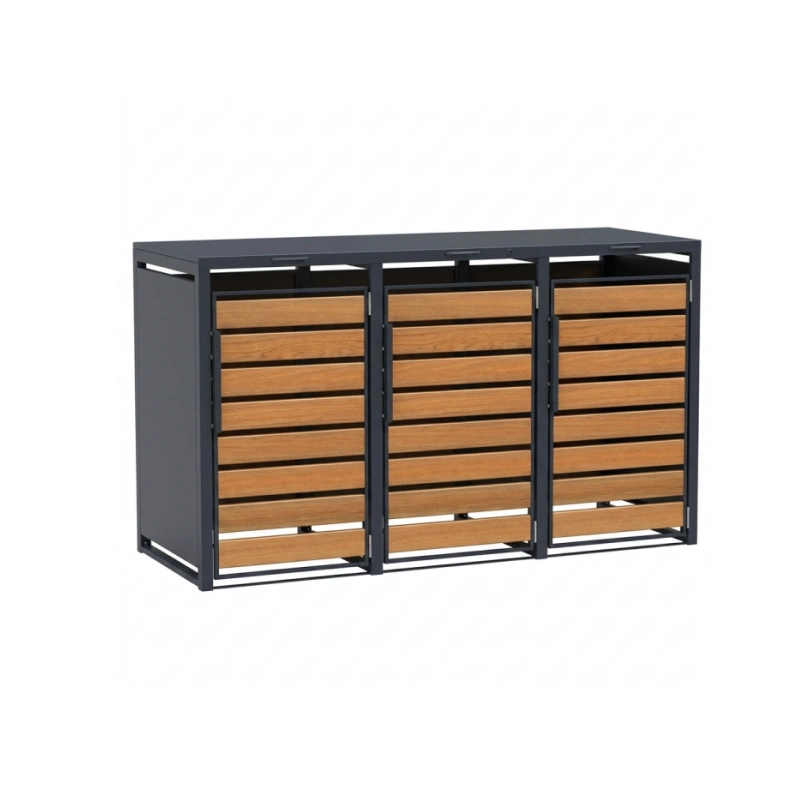 Cerramiento de acero para contenedor de basura de tres puertas con textura de madera natural